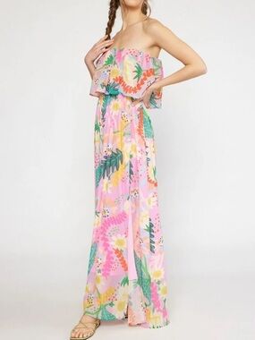 Entro Pink Floral Off Shoulder Maxi Dress Colorful Tropical Size Small
